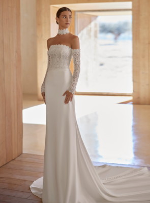 bardot long sleeve fitted wedding gown