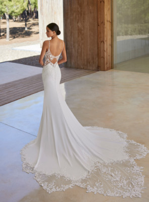 fitted wedding dress with long lace train