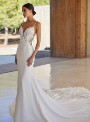 illusion fitted wedding dress with long train