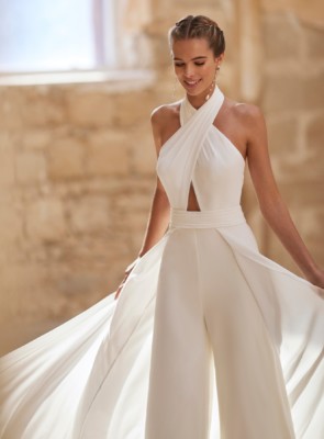 halterneck bridal jumpsuit with overskirt