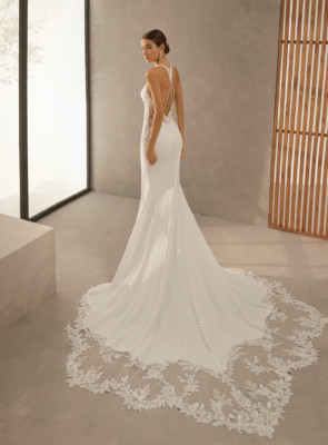 fitted wedding dress with lace train